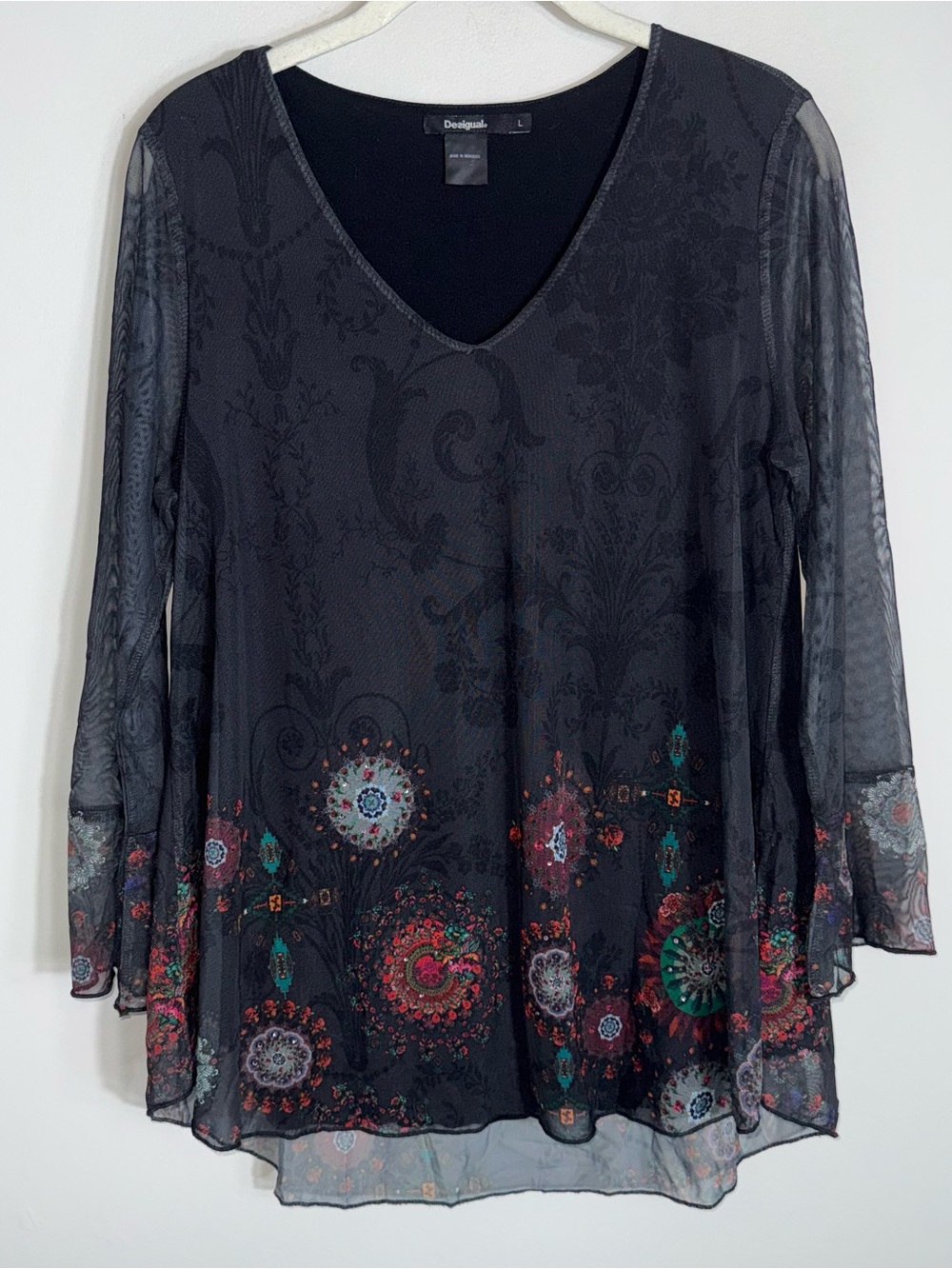 Desigual Women's Mesh Sleeve Layered Top Blouse Black Embellished-Large